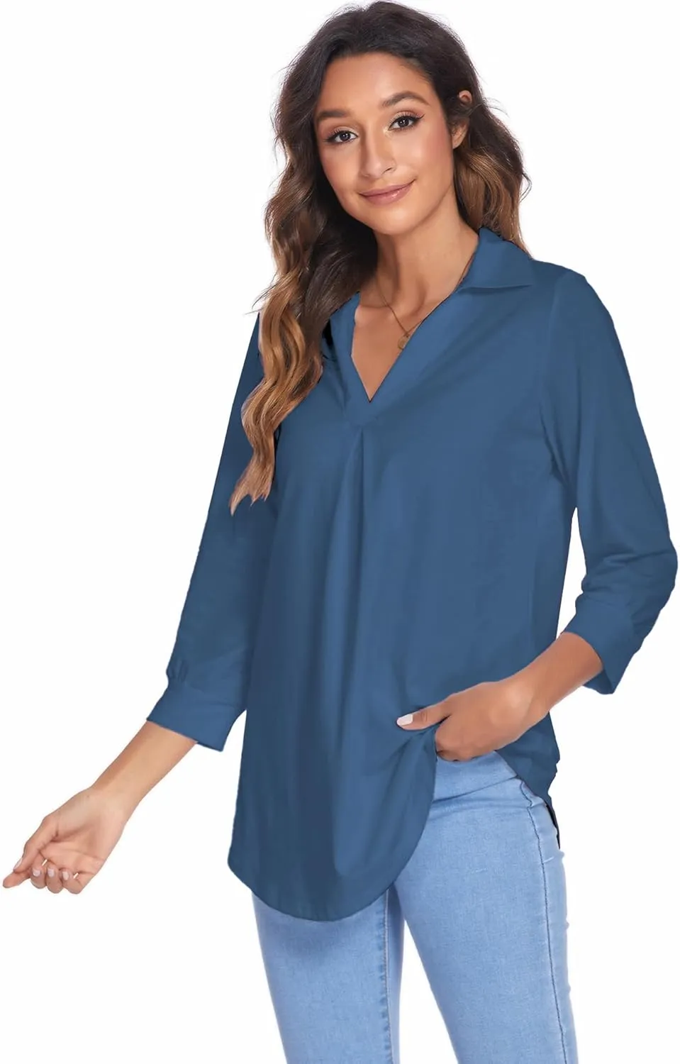 Newchoice Womens Collared V Neck 3/4 Sleeve Shirts Business Casual Tops Loose Work Blouses (S-3XL)