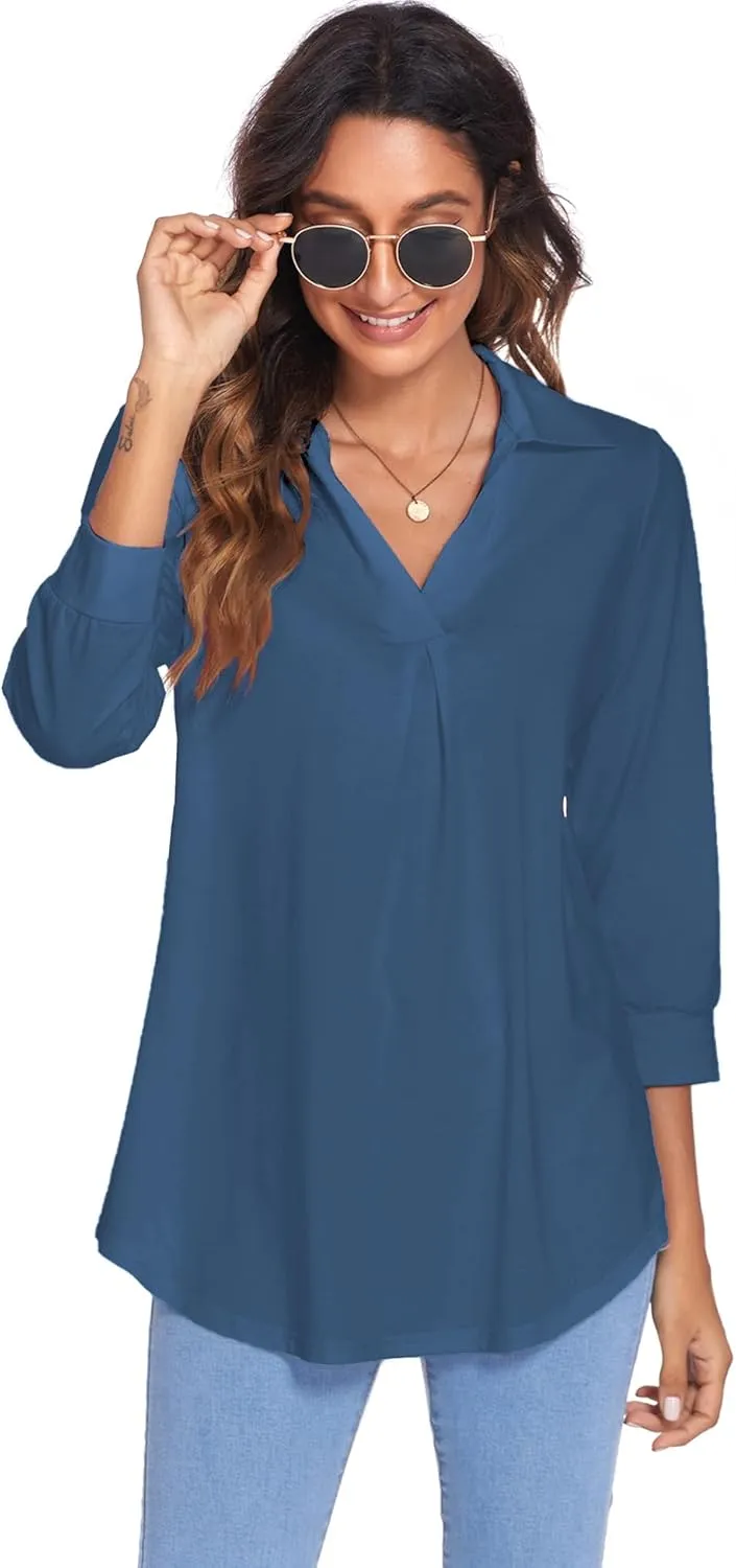 Newchoice Womens Collared V Neck 3/4 Sleeve Shirts Business Casual Tops Loose Work Blouses (S-3XL)