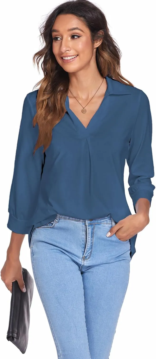 Newchoice Womens Collared V Neck 3/4 Sleeve Shirts Business Casual Tops Loose Work Blouses (S-3XL)