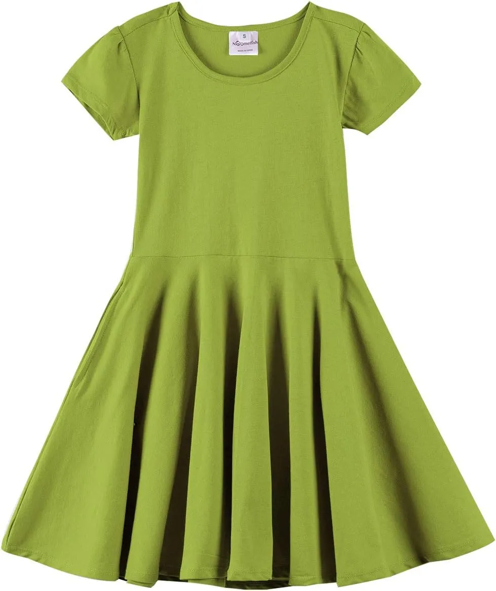 Noomelfish Girls Short Puff Sleeve Dress Summer Casual Knit Swing Twirl Skater Dresses with Pockets (2-12 Years)