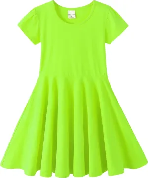 Noomelfish Girls Short Puff Sleeve Dress Summer Casual Knit Swing Twirl Skater Dresses with Pockets (2-12 Years)
