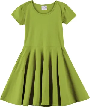 Noomelfish Girls Short Puff Sleeve Dress Summer Casual Knit Swing Twirl Skater Dresses with Pockets (2-12 Years)