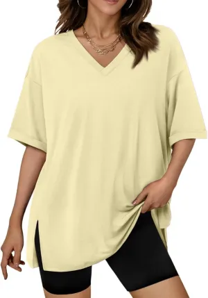Plus Size Tops for Women Oversized Tshirts Short Sleeve V Neck Tunic Side Slit Blouse Dressy Plain Basic Tees