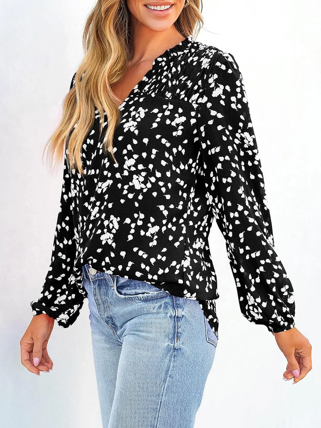 PRETTYGARDEN Womens Floral Spring Tops 2025 V Neck Long Sleeve Blouses Dressy Casual Boho Chiffon Business Work Shirts