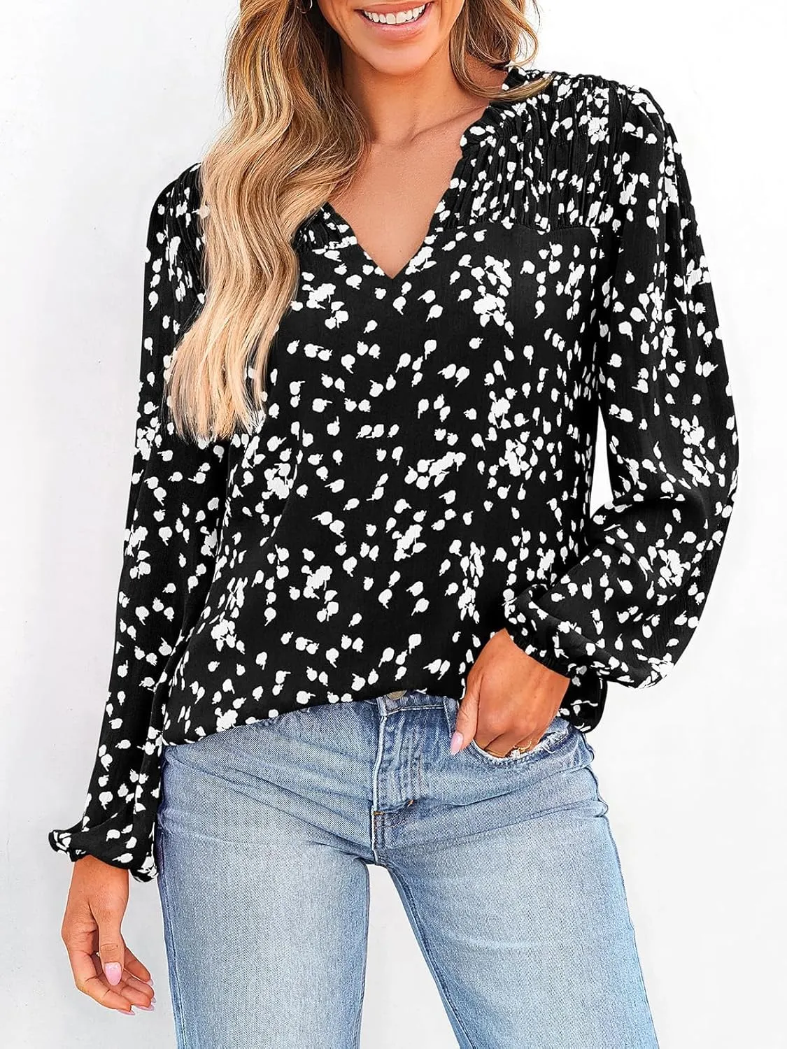 PRETTYGARDEN Womens Floral Spring Tops 2025 V Neck Long Sleeve Blouses Dressy Casual Boho Chiffon Business Work Shirts