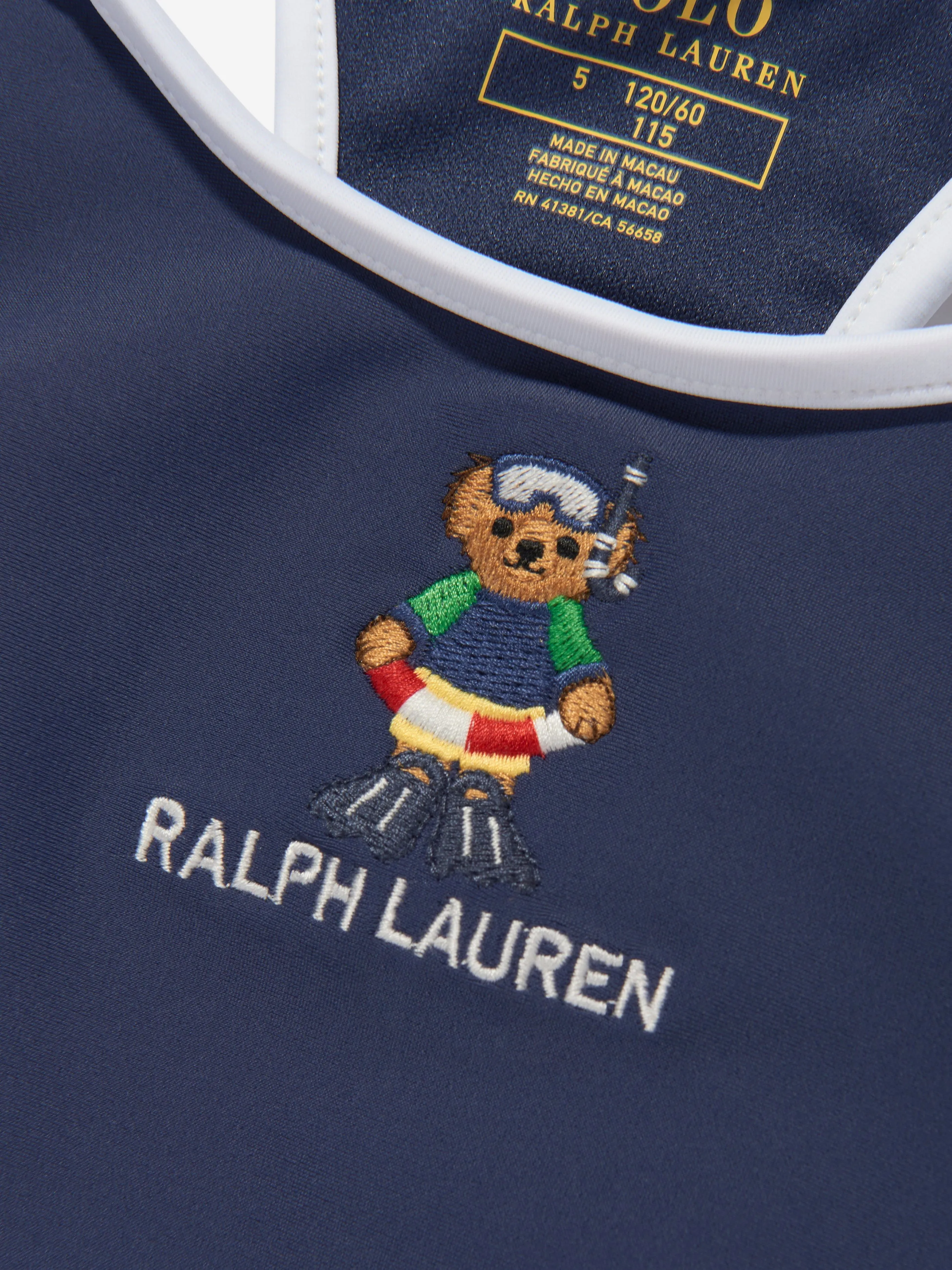 Ralph Lauren Girls Embroidered Bear Swimsuit in Navy