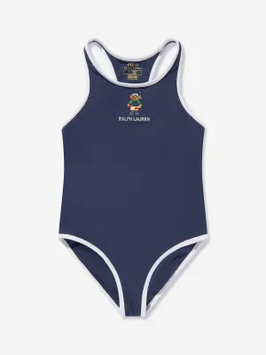 Ralph Lauren Girls Embroidered Bear Swimsuit in Navy