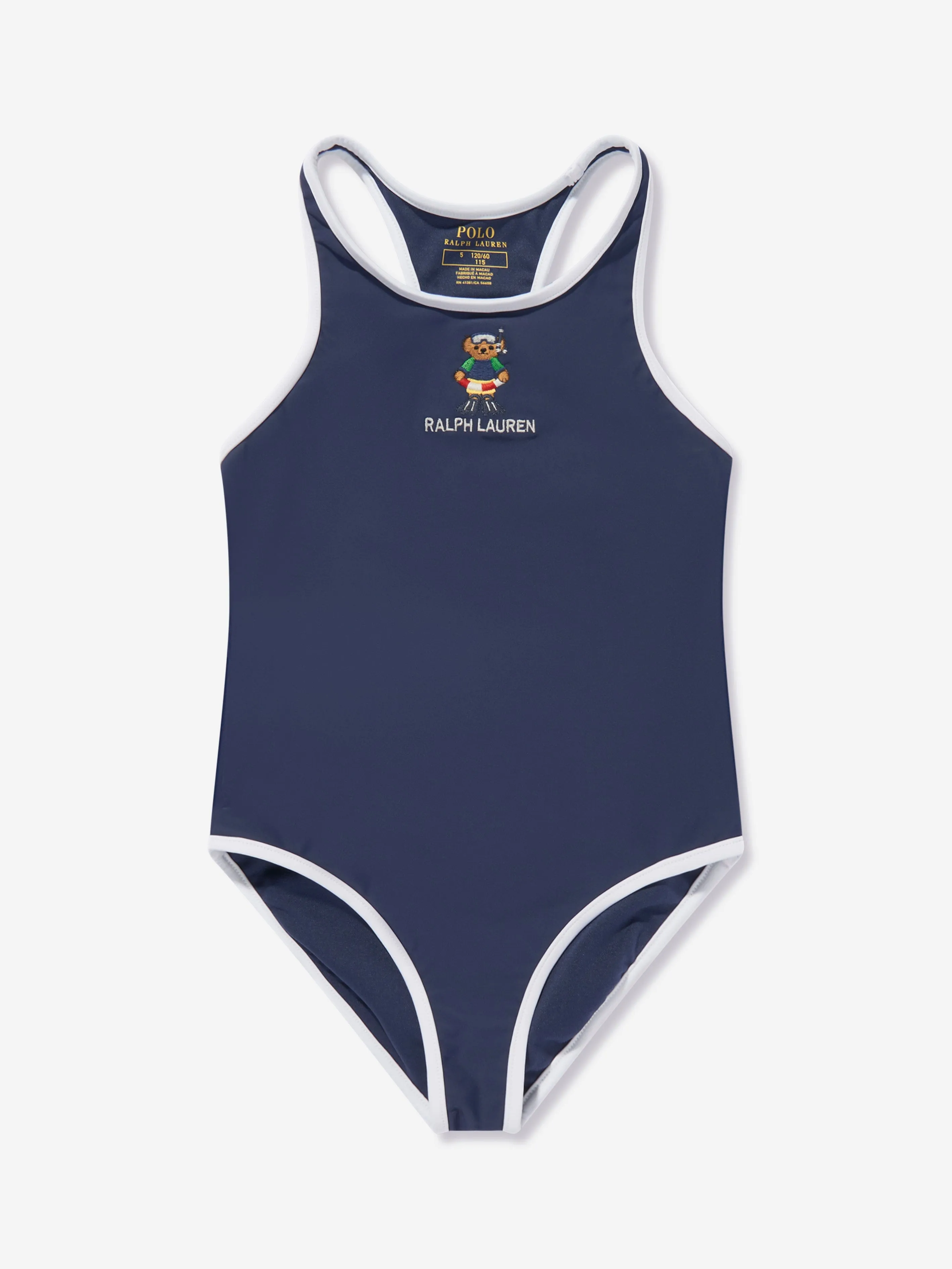 Ralph Lauren Girls Embroidered Bear Swimsuit in Navy