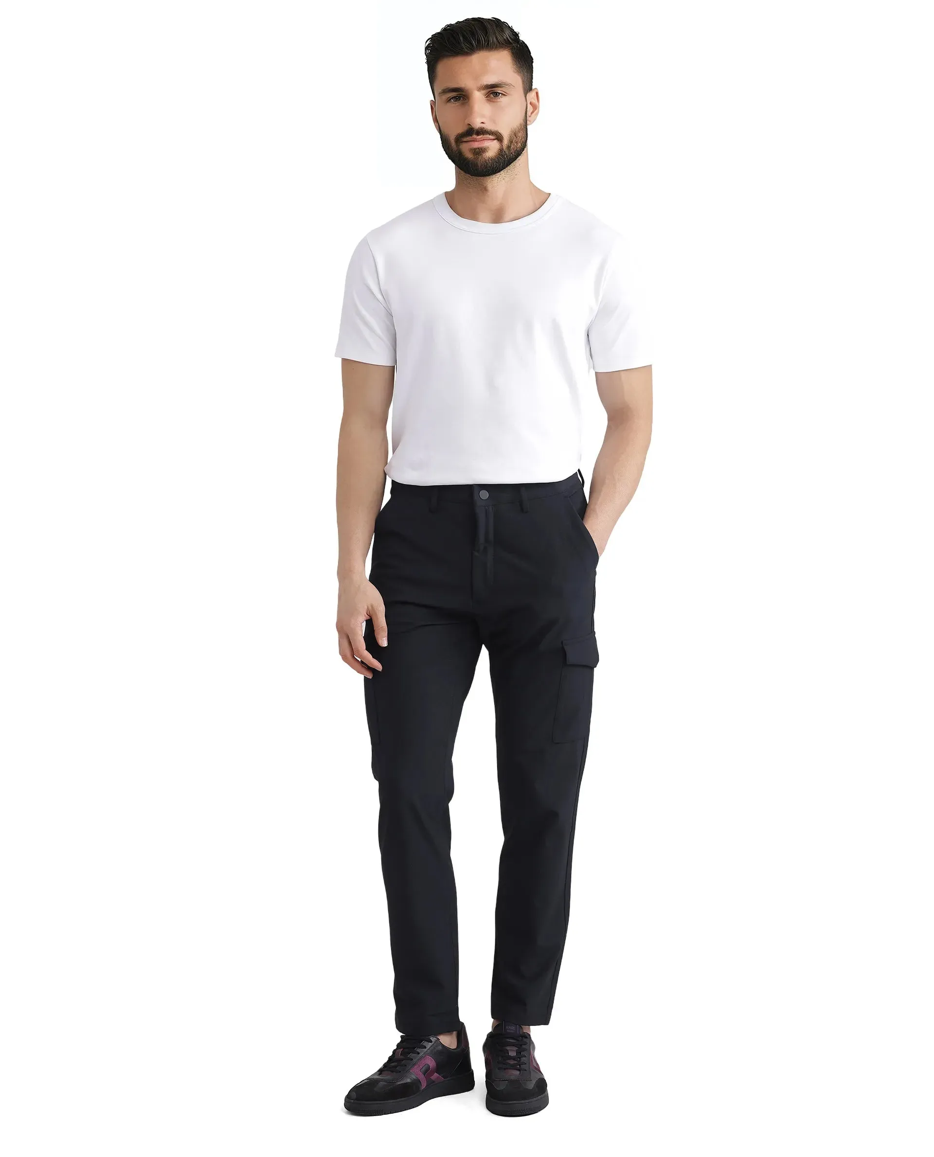 Rare Rabbit Men Traco Black Button And Zip Closure Plain Trouser
