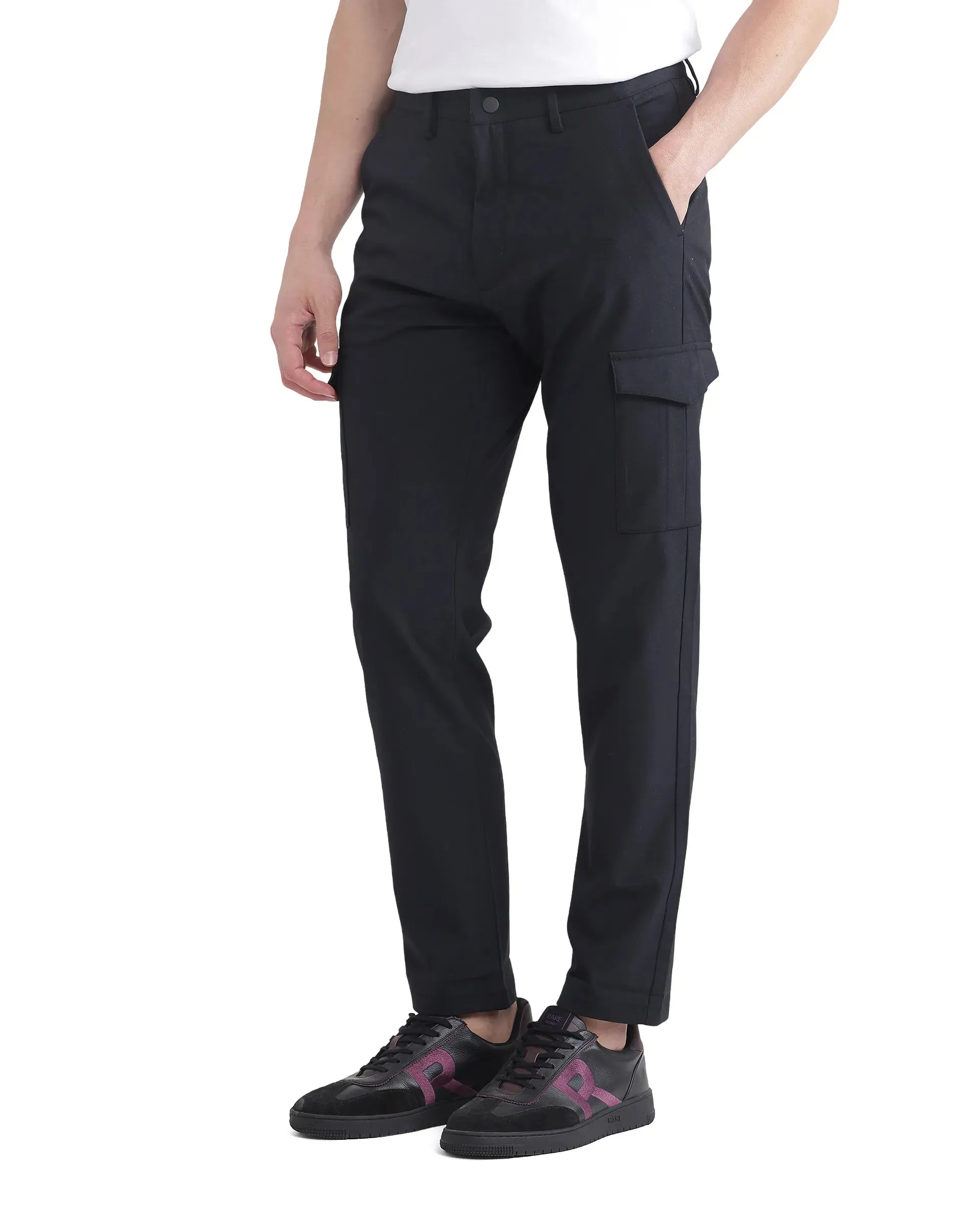 Rare Rabbit Men Traco Black Button And Zip Closure Plain Trouser