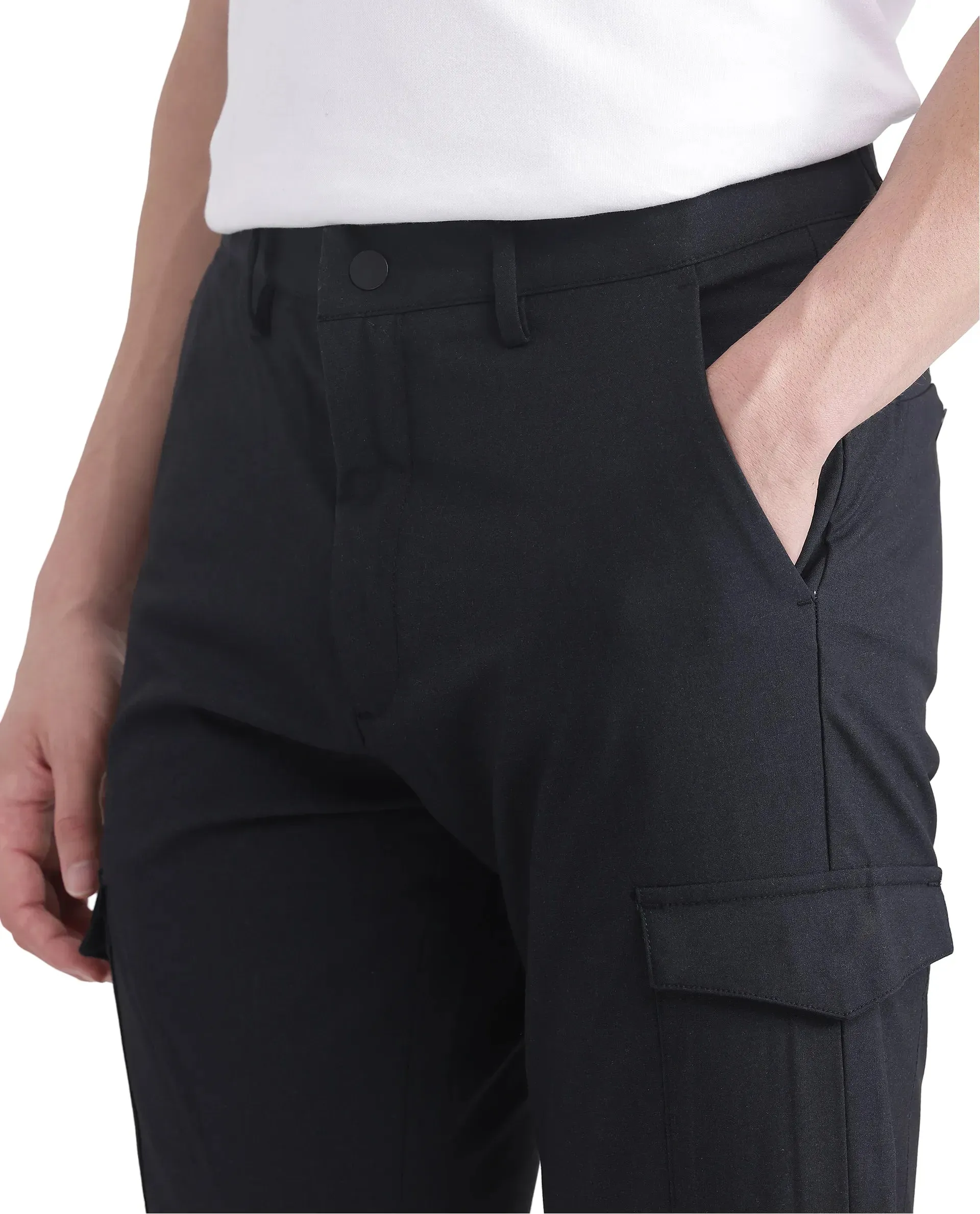 Rare Rabbit Men Traco Black Button And Zip Closure Plain Trouser