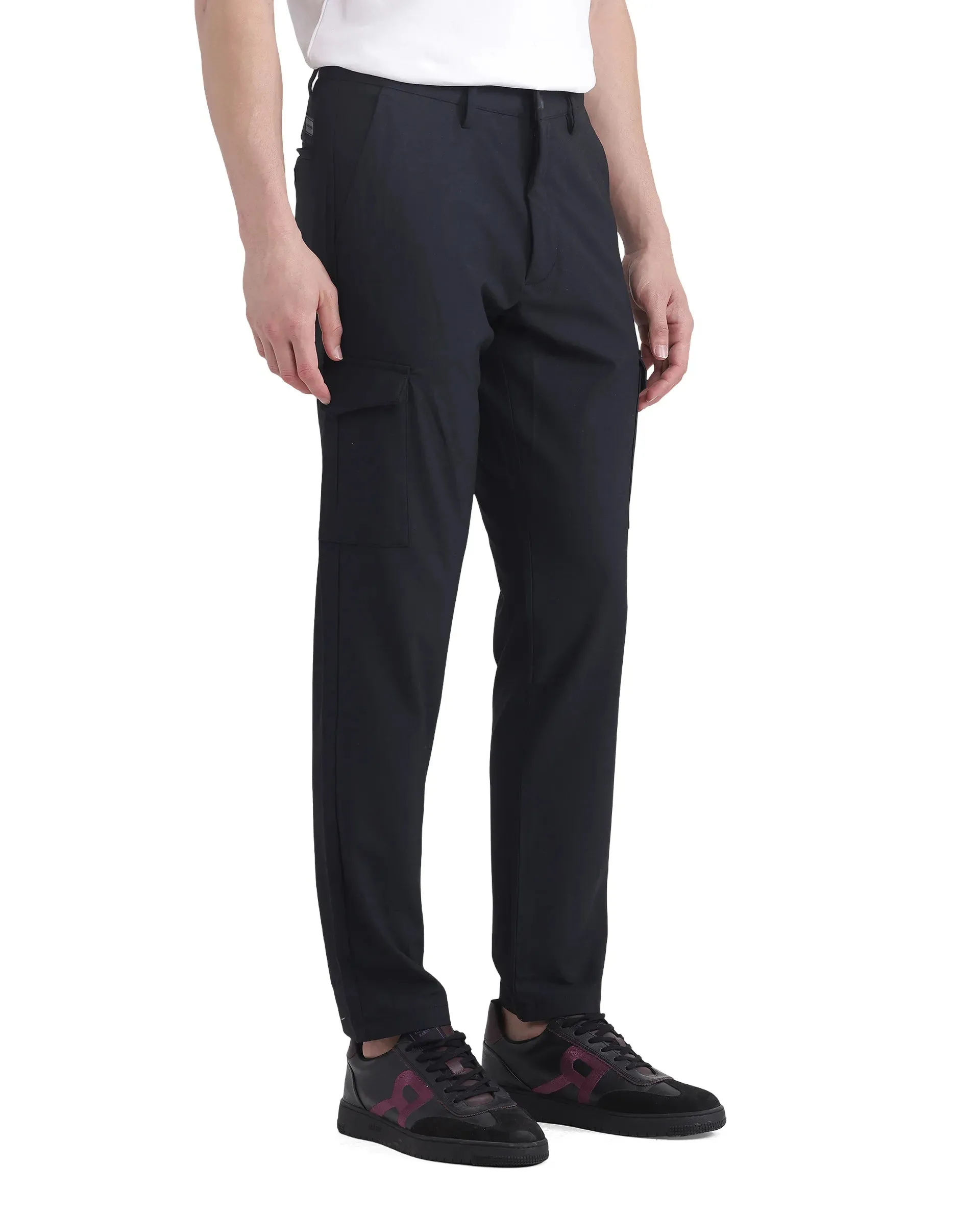 Rare Rabbit Men Traco Black Button And Zip Closure Plain Trouser
