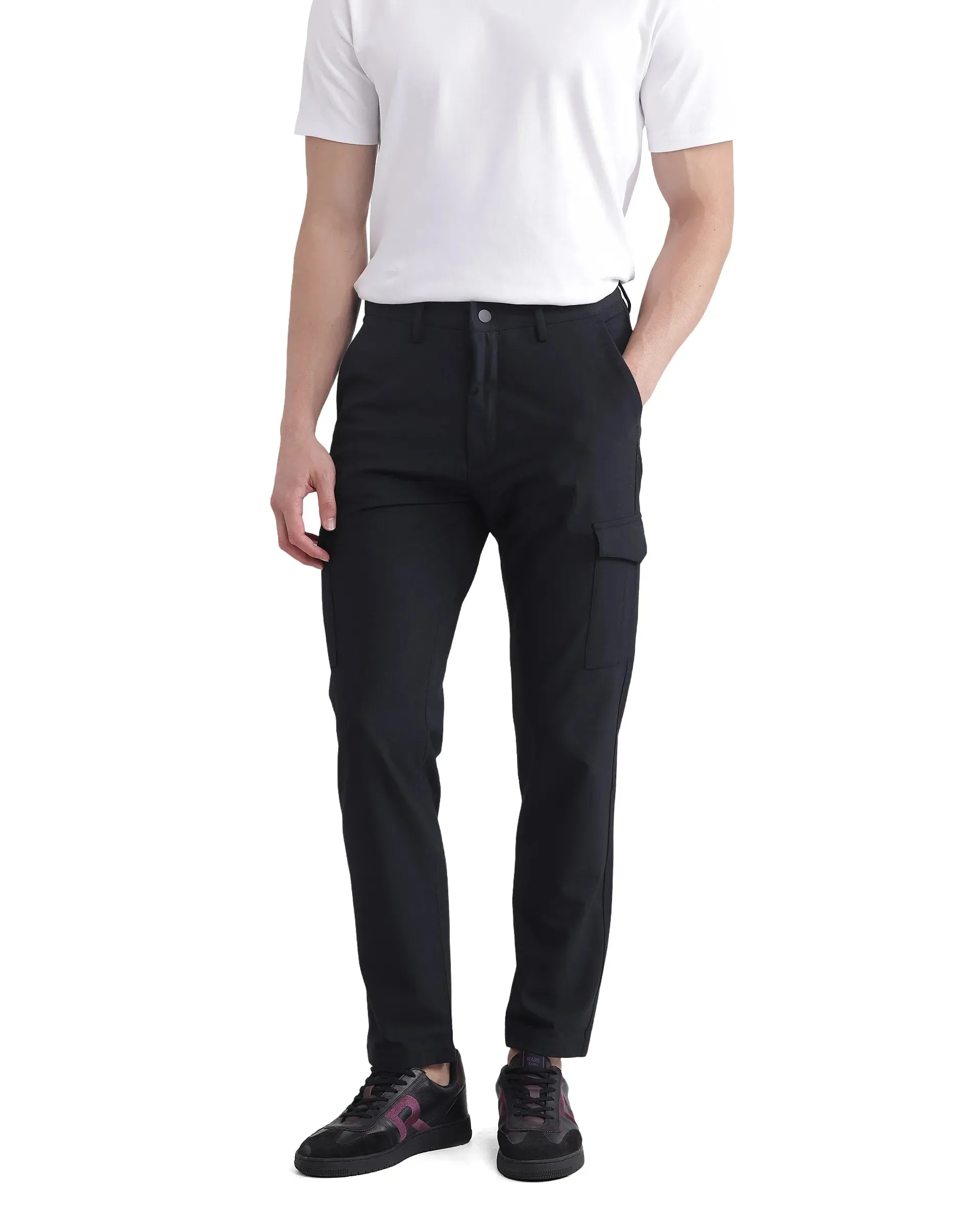 Rare Rabbit Men Traco Black Button And Zip Closure Plain Trouser