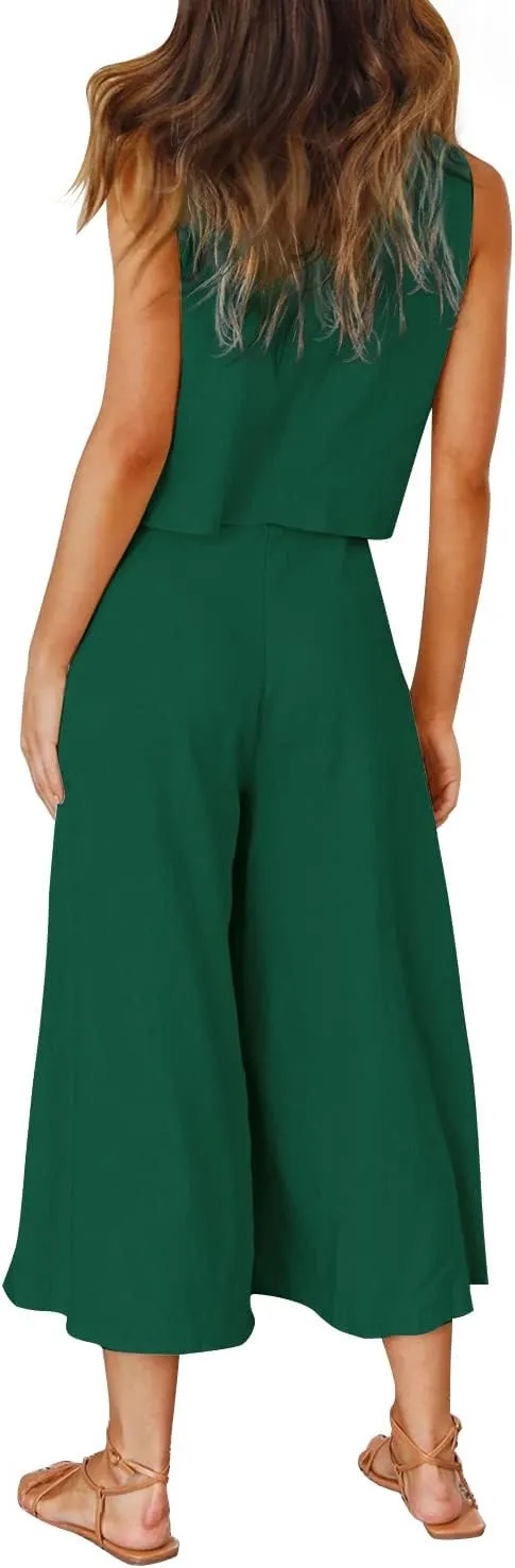 ROYLAMP Women's Summer 2 Piece Outfits Round Neck Crop Basic Top Cropped Wide Leg Pants Set Jumpsuits