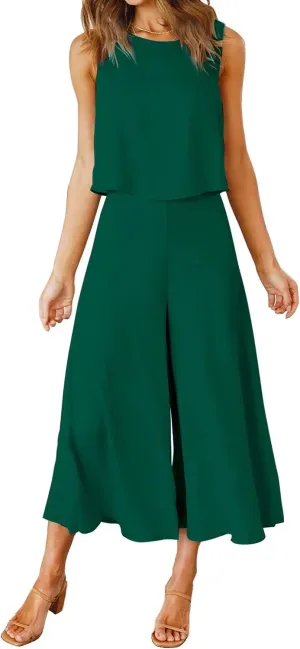 ROYLAMP Women's Summer 2 Piece Outfits Round Neck Crop Basic Top Cropped Wide Leg Pants Set Jumpsuits
