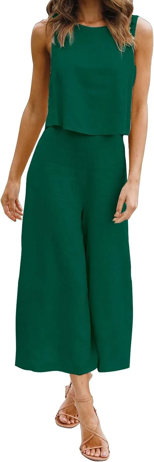 ROYLAMP Women's Summer 2 Piece Outfits Round Neck Crop Basic Top Cropped Wide Leg Pants Set Jumpsuits