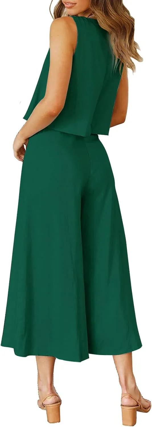 ROYLAMP Women's Summer 2 Piece Outfits Round Neck Crop Basic Top Cropped Wide Leg Pants Set Jumpsuits