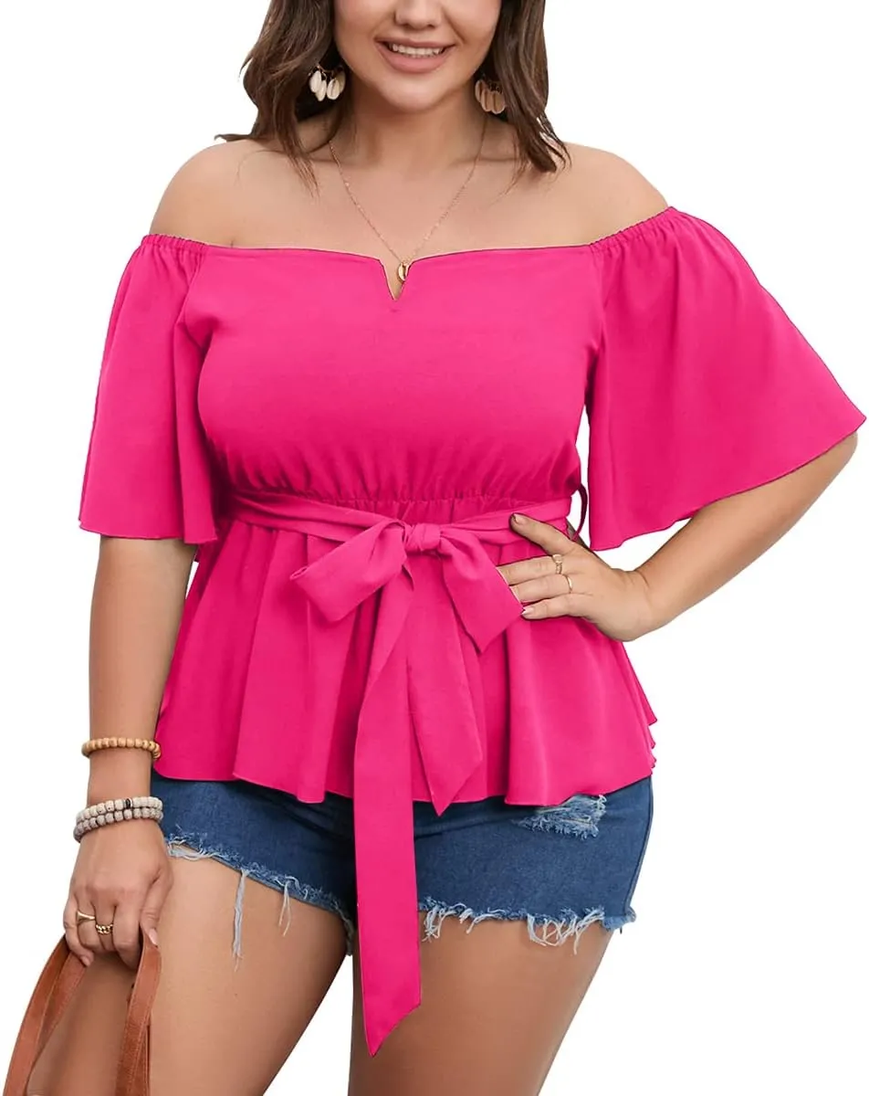 SCOMCHIC Women's Plus Size Off The Shoulder Peplum Blouse Top Half Bell Sleeve Tie Waist Ruffle Hem Babydoll Tops