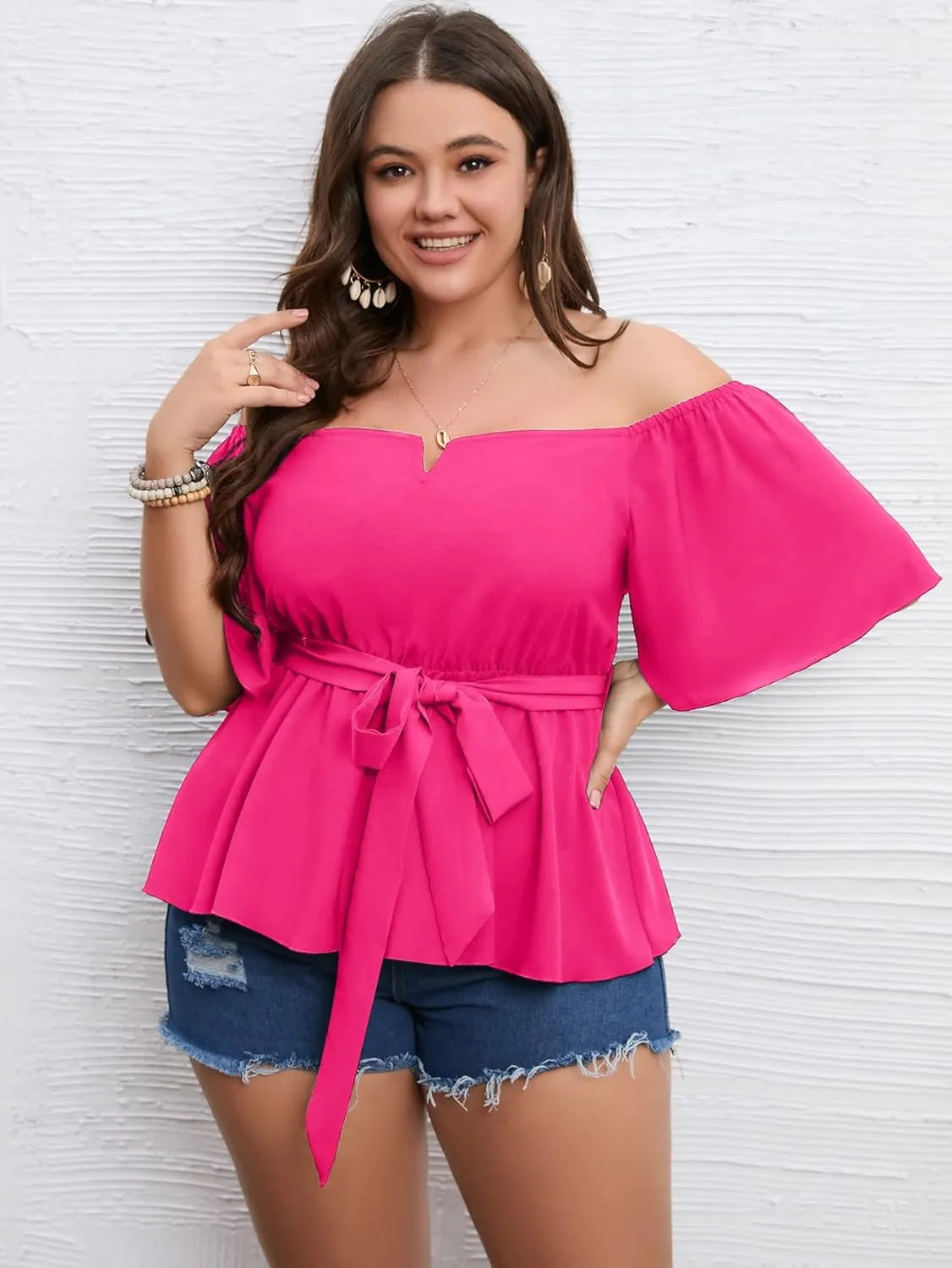 SCOMCHIC Women's Plus Size Off The Shoulder Peplum Blouse Top Half Bell Sleeve Tie Waist Ruffle Hem Babydoll Tops