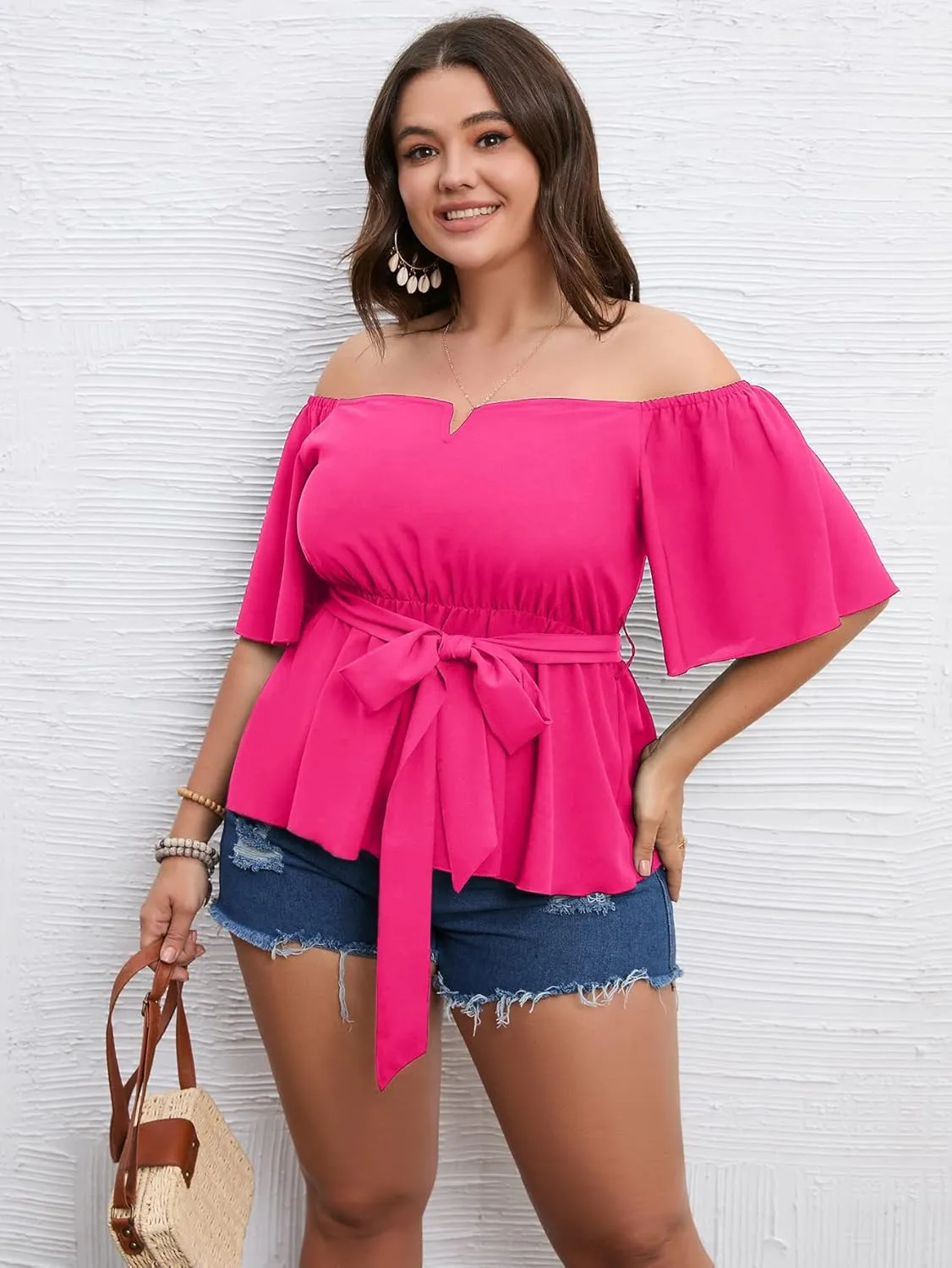 SCOMCHIC Women's Plus Size Off The Shoulder Peplum Blouse Top Half Bell Sleeve Tie Waist Ruffle Hem Babydoll Tops