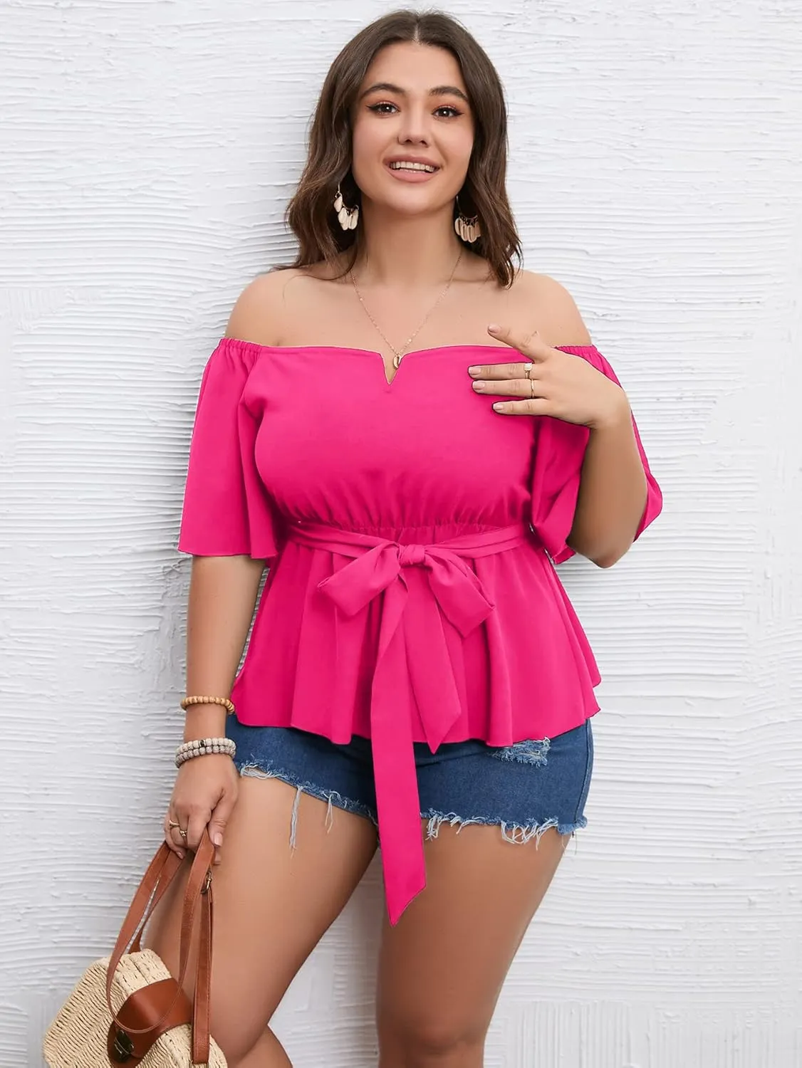 SCOMCHIC Women's Plus Size Off The Shoulder Peplum Blouse Top Half Bell Sleeve Tie Waist Ruffle Hem Babydoll Tops