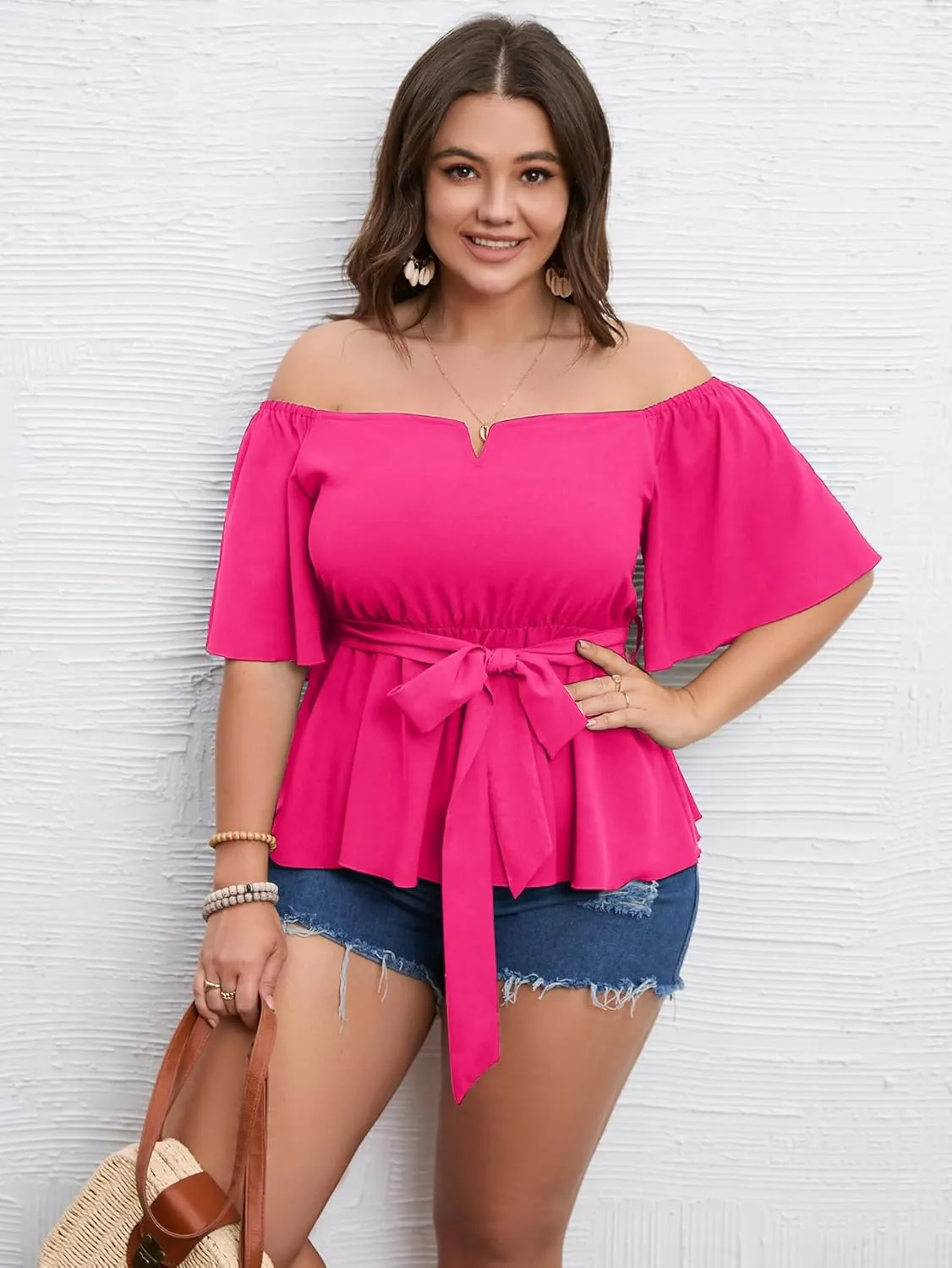 SCOMCHIC Women's Plus Size Off The Shoulder Peplum Blouse Top Half Bell Sleeve Tie Waist Ruffle Hem Babydoll Tops