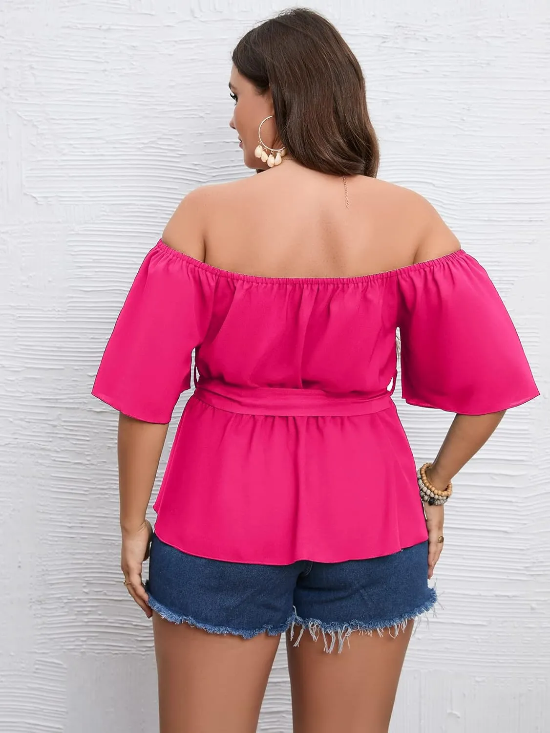 SCOMCHIC Women's Plus Size Off The Shoulder Peplum Blouse Top Half Bell Sleeve Tie Waist Ruffle Hem Babydoll Tops