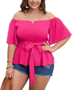 SCOMCHIC Women's Plus Size Off The Shoulder Peplum Blouse Top Half Bell Sleeve Tie Waist Ruffle Hem Babydoll Tops