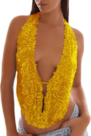 Sequin Halter Top for Women Sexy Deep V Neck Beaded Tops Sparkly Glitter Tank Top Going Out Rave Outfits
