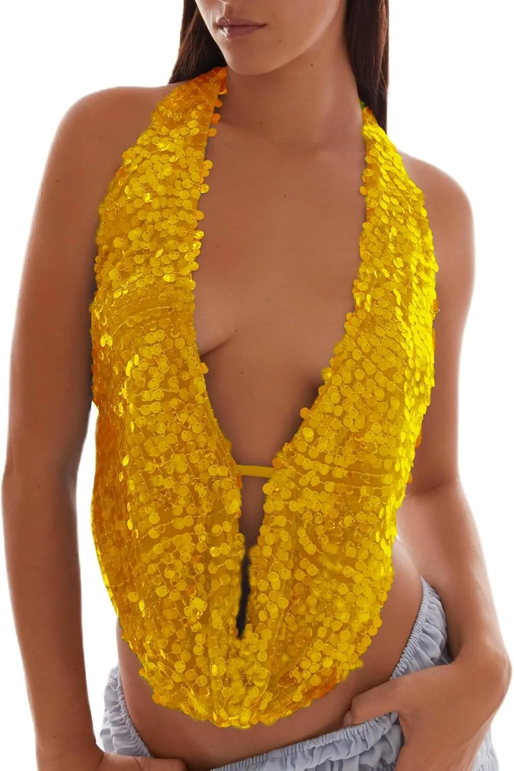 Sequin Halter Top for Women Sexy Deep V Neck Beaded Tops Sparkly Glitter Tank Top Going Out Rave Outfits