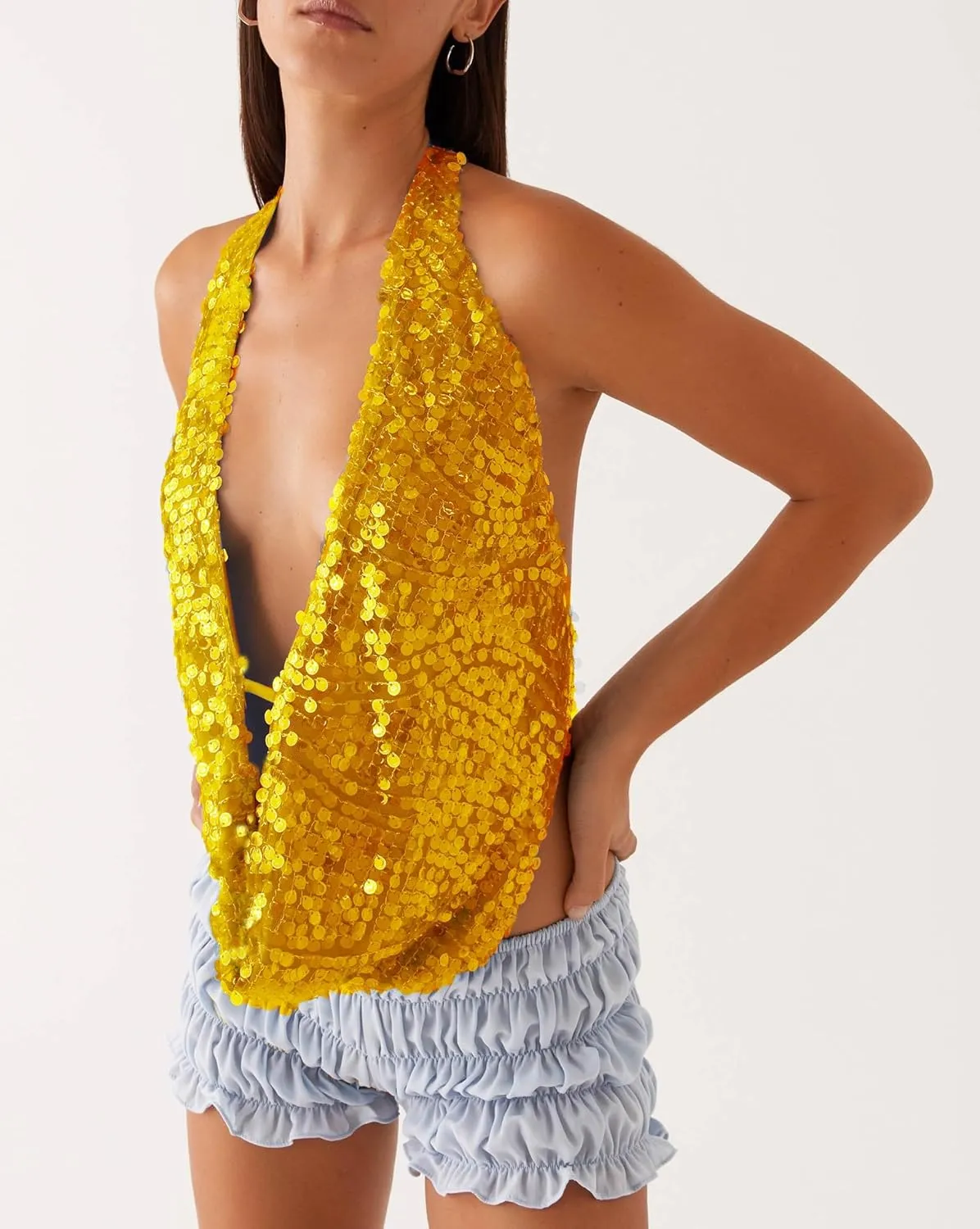 Sequin Halter Top for Women Sexy Deep V Neck Beaded Tops Sparkly Glitter Tank Top Going Out Rave Outfits