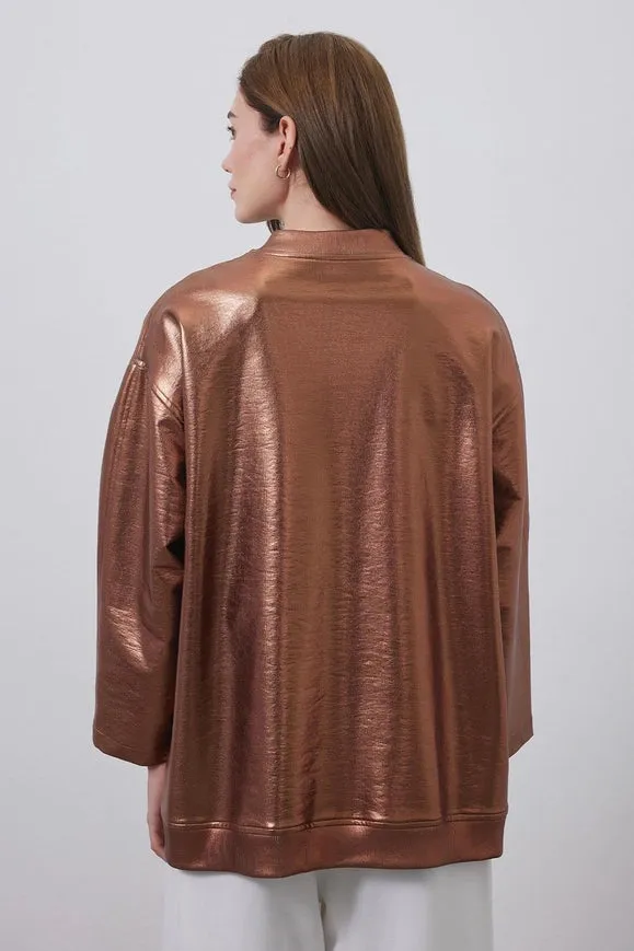 Shiny Coated Bomber Jacket Copper