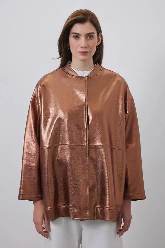 Shiny Coated Bomber Jacket Copper