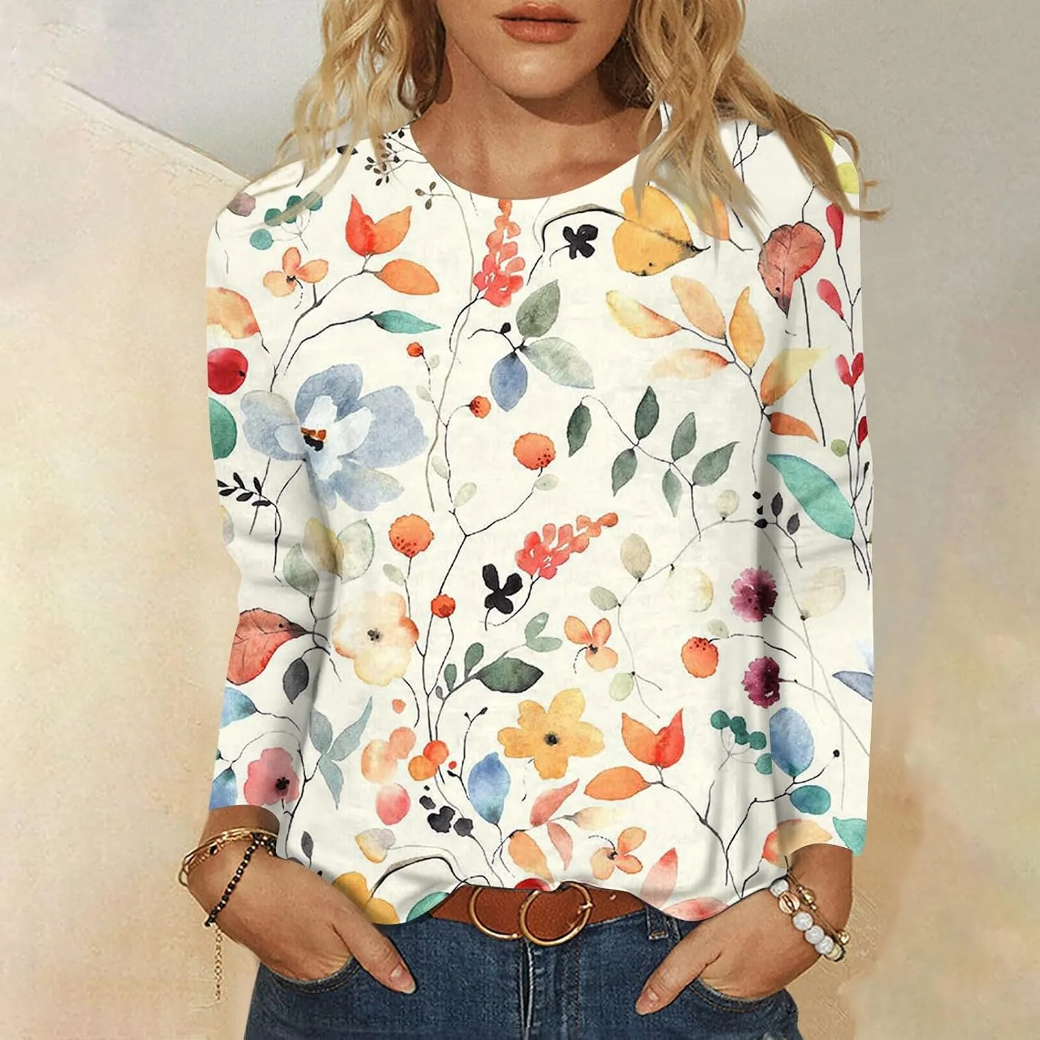 Shirts for Women Long Sleeve Crew Neck Tops Fall Tee Ladies Casual Loose Fit Printed Cute Basic Comfy Work Blouse