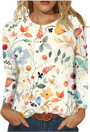 Shirts for Women Long Sleeve Crew Neck Tops Fall Tee Ladies Casual Loose Fit Printed Cute Basic Comfy Work Blouse