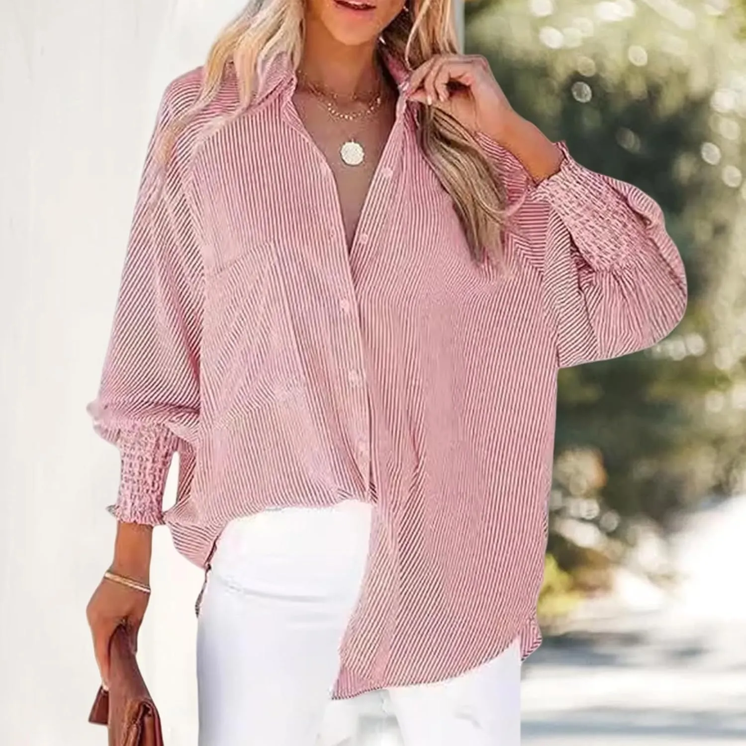 Striped Button Down Shirts for Women Dress Shirt Long Sleeve Smocked Cuffed Oversized Boyfriend Blouse Work Casual Top