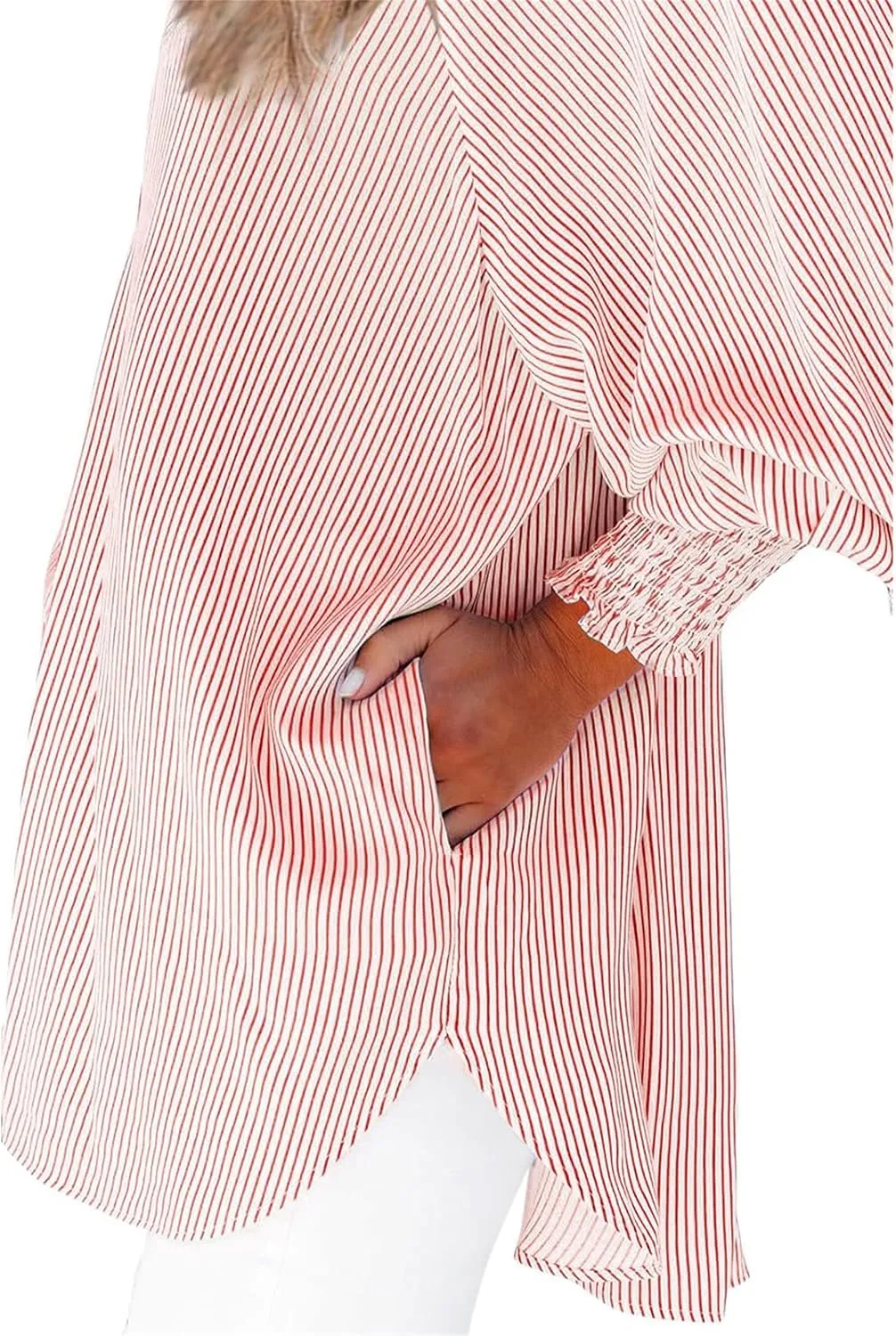 Striped Button Down Shirts for Women Dress Shirt Long Sleeve Smocked Cuffed Oversized Boyfriend Blouse Work Casual Top