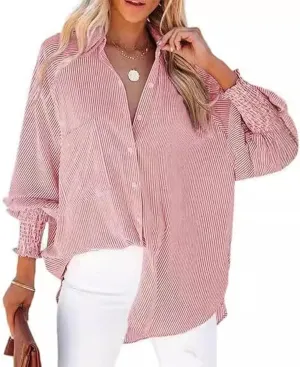Striped Button Down Shirts for Women Dress Shirt Long Sleeve Smocked Cuffed Oversized Boyfriend Blouse Work Casual Top