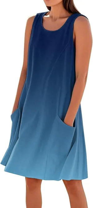 Summer Dresses for Women 2025 Crewneck Sleeveless Cotton Linen Tank Dress Beach Vacation Sundresses with Pockets