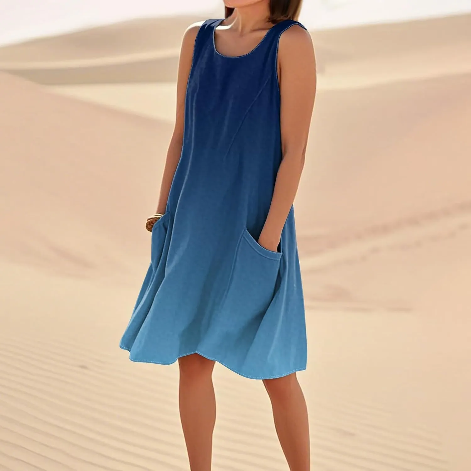 Summer Dresses for Women 2025 Crewneck Sleeveless Cotton Linen Tank Dress Beach Vacation Sundresses with Pockets