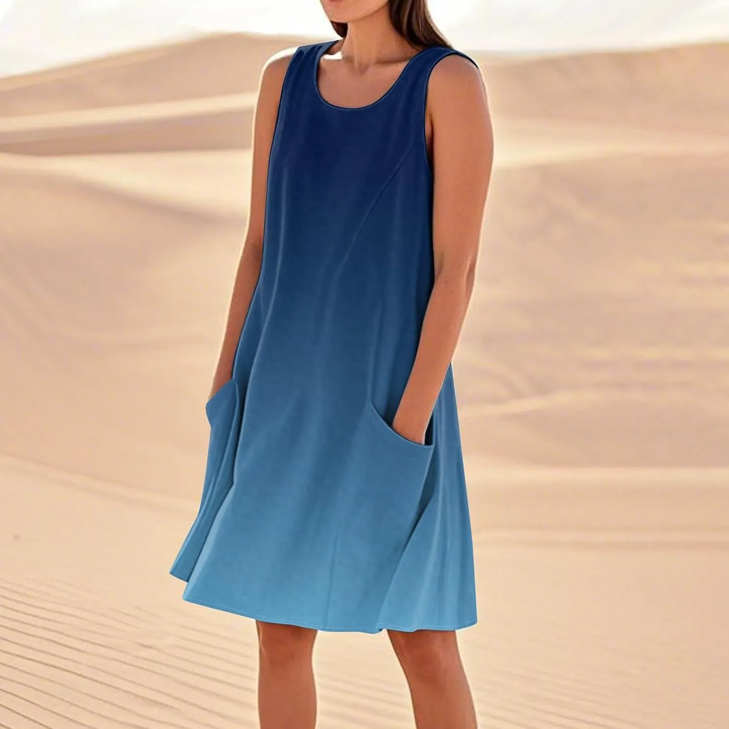 Summer Dresses for Women 2025 Crewneck Sleeveless Cotton Linen Tank Dress Beach Vacation Sundresses with Pockets