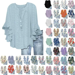 Summer Tops for Women Ruffle 3/4 Sleeve Shirts Boho Button Down Henley Tshirt Loose Floral Print Dressy Tunic Blouse