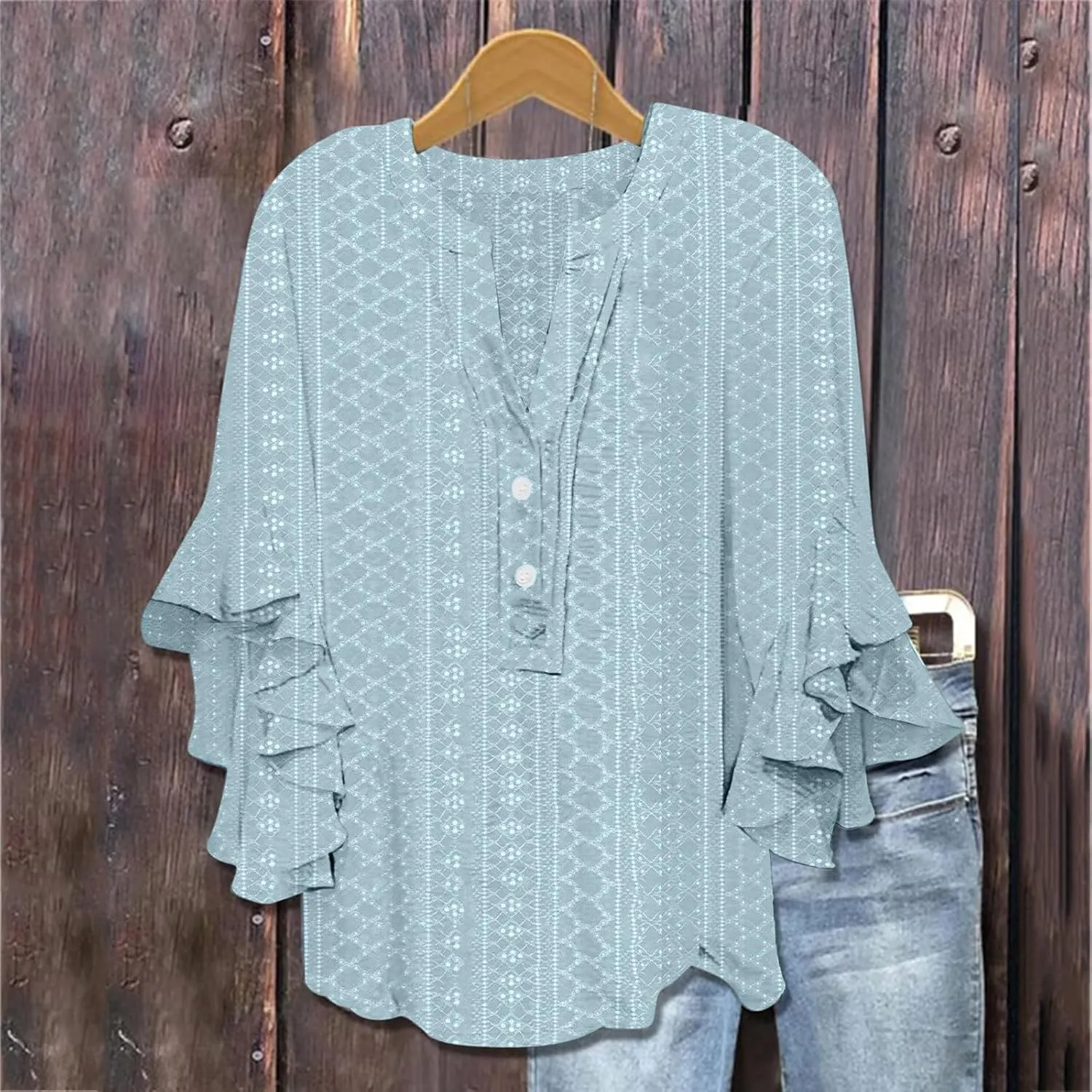 Summer Tops for Women Ruffle 3/4 Sleeve Shirts Boho Button Down Henley Tshirt Loose Floral Print Dressy Tunic Blouse