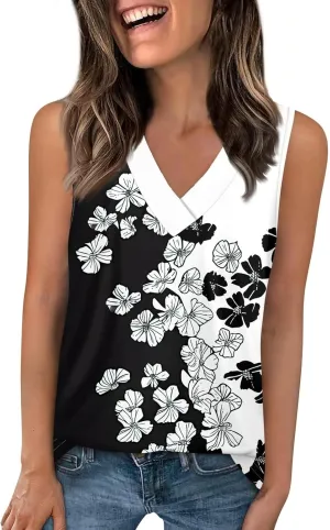 Tank Tops for Women V Neck Printed Tank Tops Flowy Sleeveless Going Out Basic Tee Loose Fit Vacation T Shirts