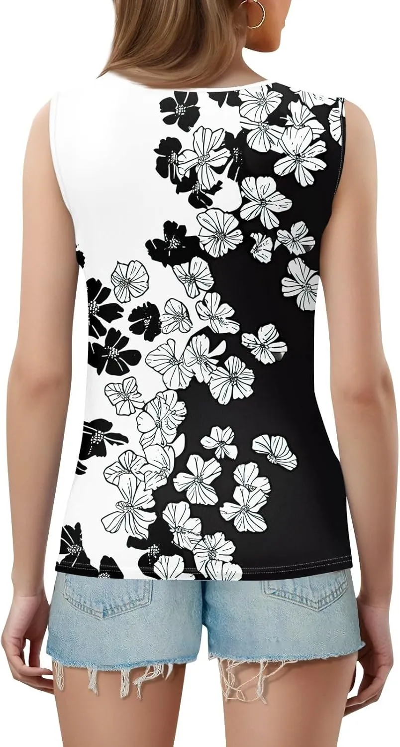 Tank Tops for Women V Neck Printed Tank Tops Flowy Sleeveless Going Out Basic Tee Loose Fit Vacation T Shirts