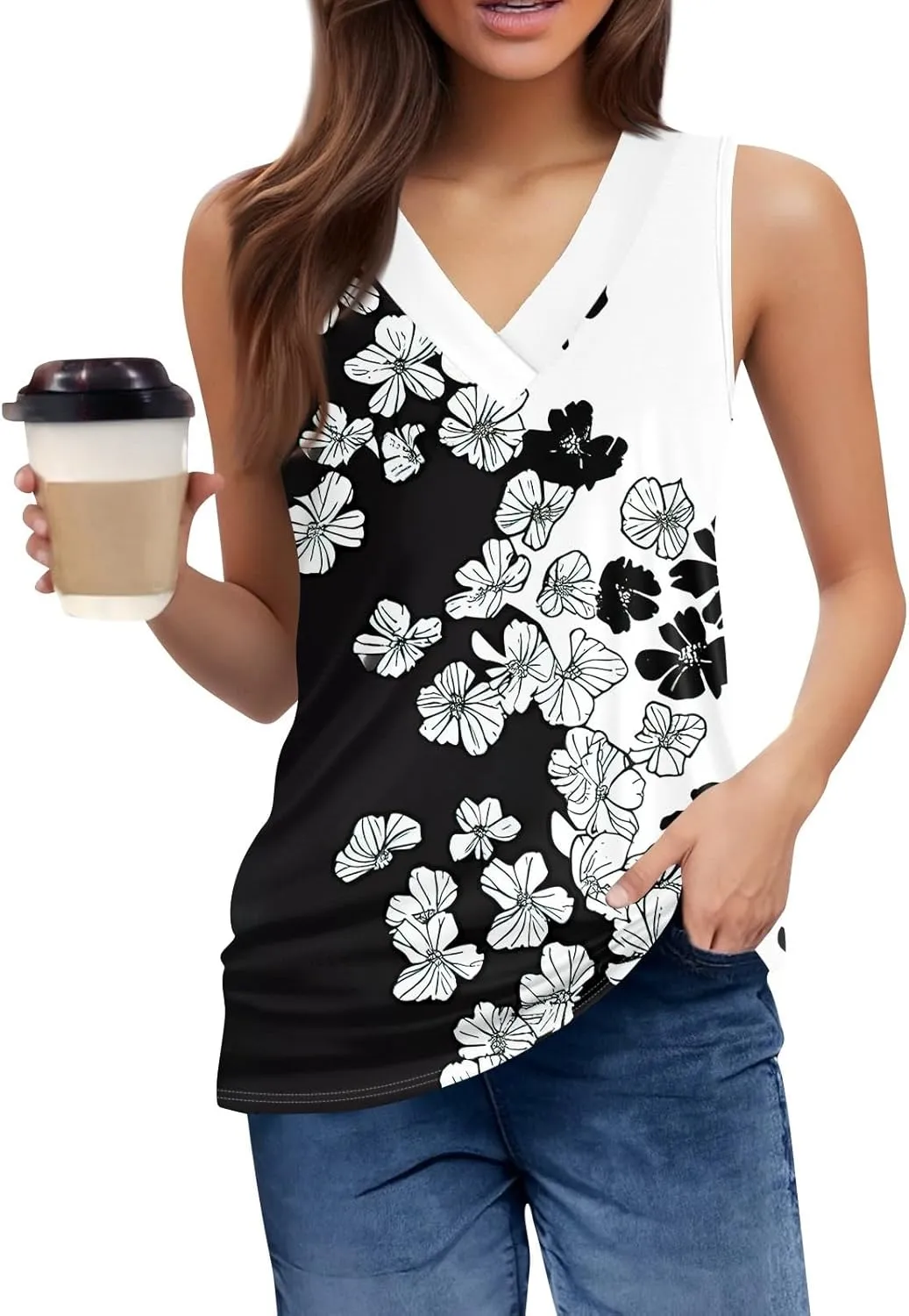 Tank Tops for Women V Neck Printed Tank Tops Flowy Sleeveless Going Out Basic Tee Loose Fit Vacation T Shirts
