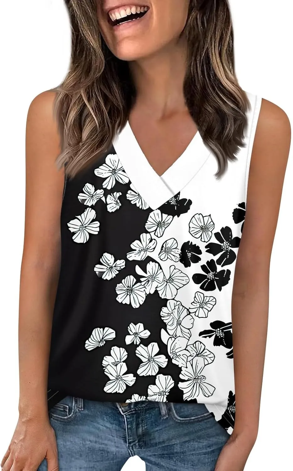 Tank Tops for Women V Neck Printed Tank Tops Flowy Sleeveless Going Out Basic Tee Loose Fit Vacation T Shirts