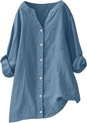 Tunic Tops to Wear with Leggings Casual V Neck Button Down Shirts Loose Long Sleeve Cotton Linen Blouses with Pocket