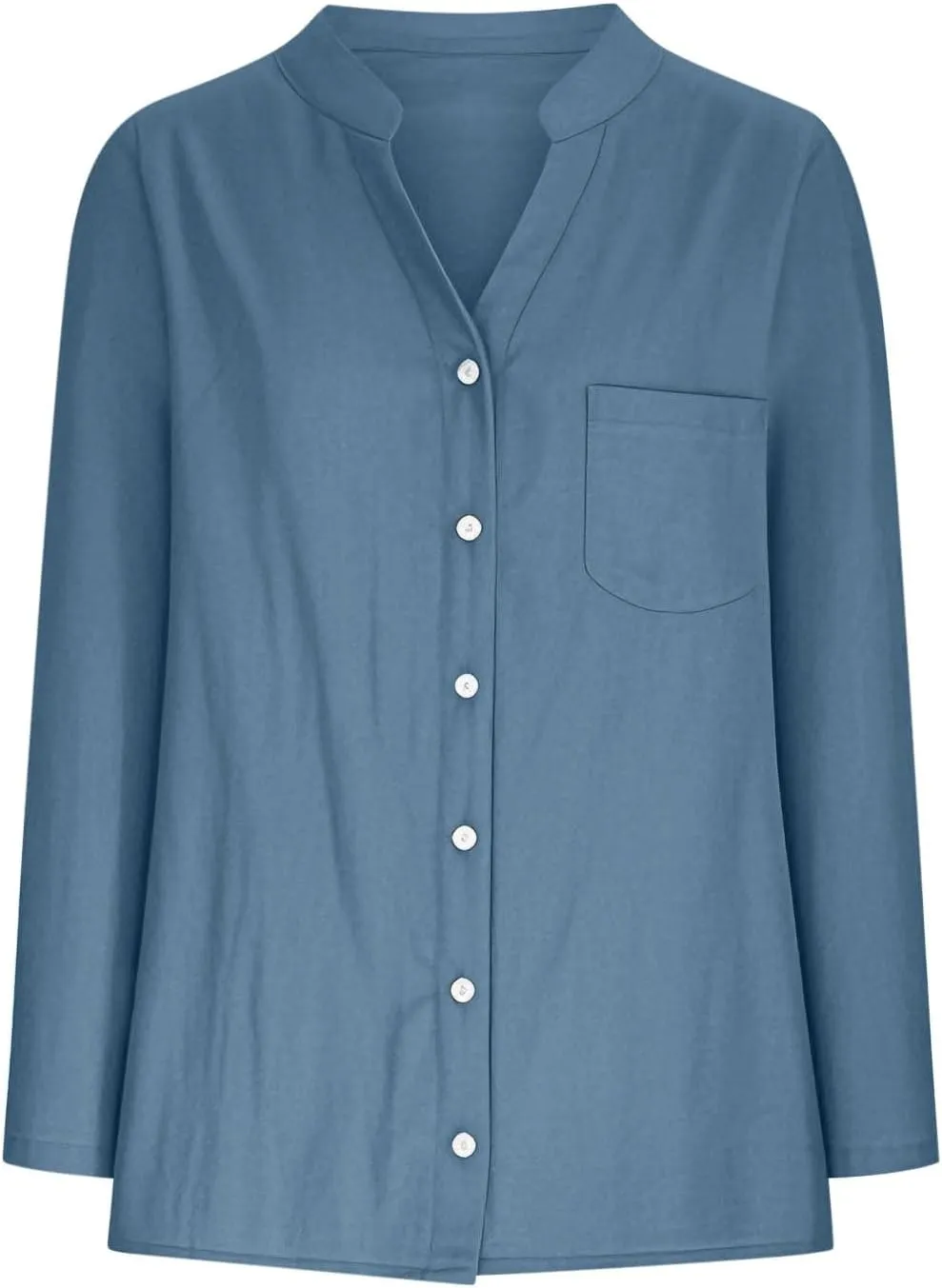 Tunic Tops to Wear with Leggings Casual V Neck Button Down Shirts Loose Long Sleeve Cotton Linen Blouses with Pocket