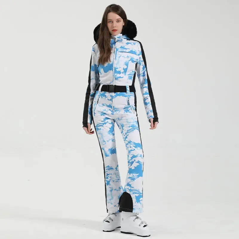 Unique Printed One-piece Ski Rompers Fur Hooded Snowsuits